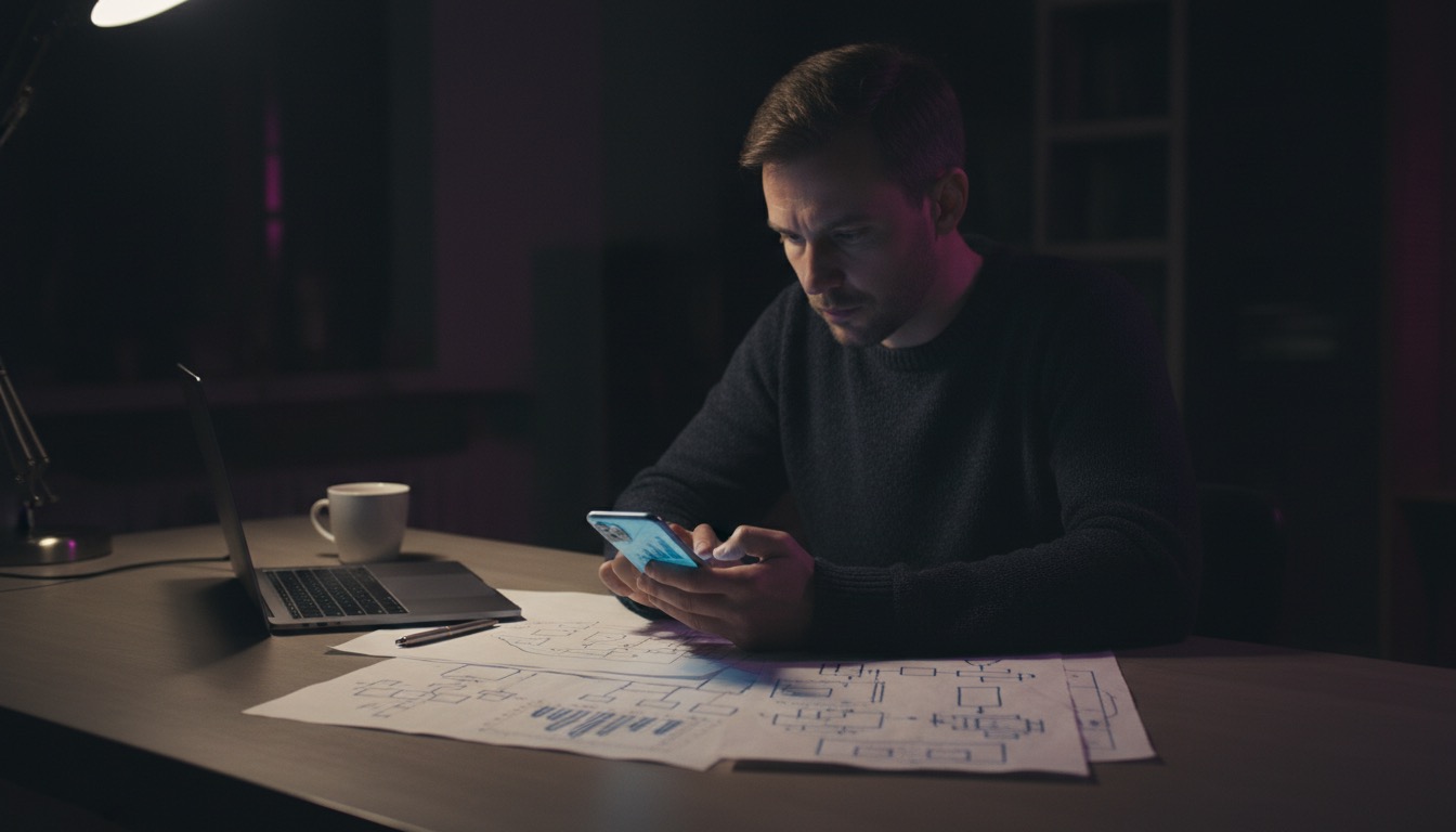 Main tenant un smartphone dans un environnement de travail