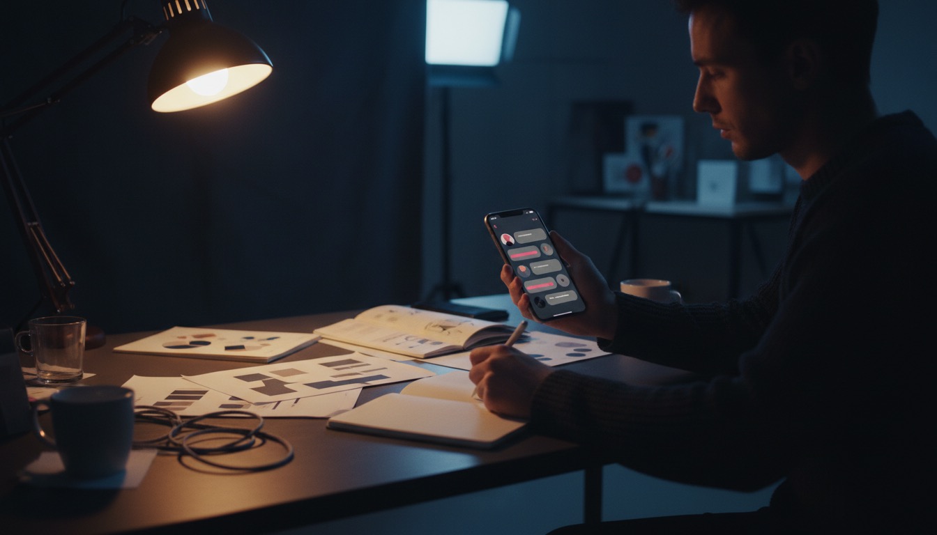 Smartphone affichant une interface de rencontre dans une ambiance premium sombre et chaleureuse