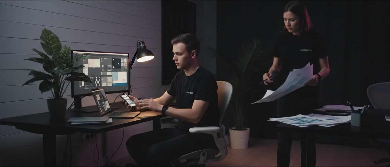 Équipe mobile avec chef de projet, design et développement autour d'une application dans un bureau premium