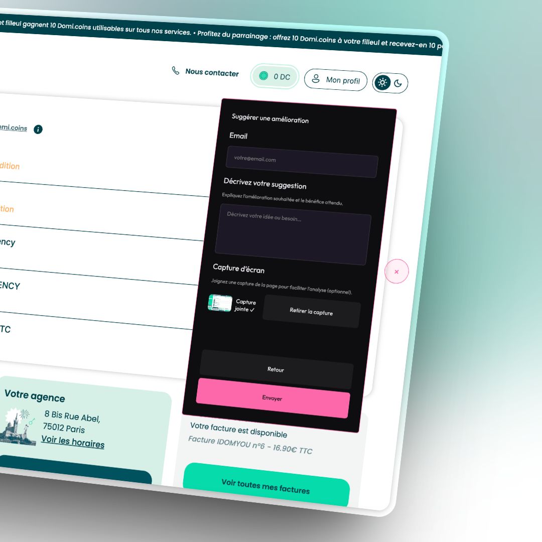 Module de retour client embarque avec capture d'ecran, email et description de la demande