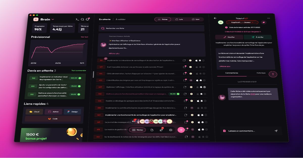 Vue d'ensemble du suivi projet minuit avec historique, priorites et commentaires