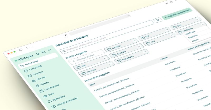 Interface documentaire et d'administration minuit avec dossiers, contrats et fichiers centralises