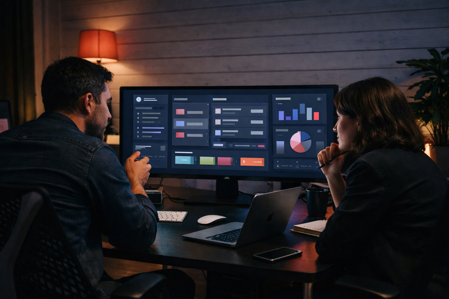Tableau de bord CRM sur mesure avec suivi client, documents et automatisations dans une ambiance premium